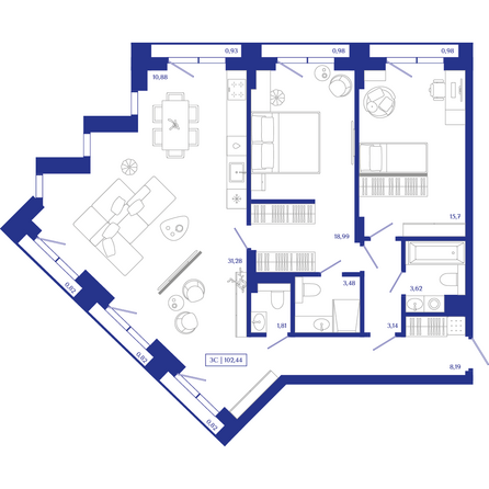 Планировка 3-комн 102,44 м²