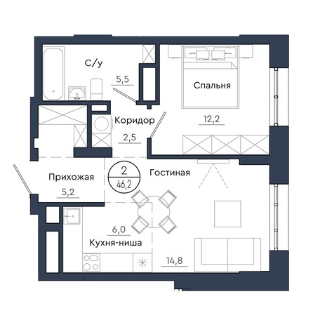 Планировка 2-комн 46,2 м²