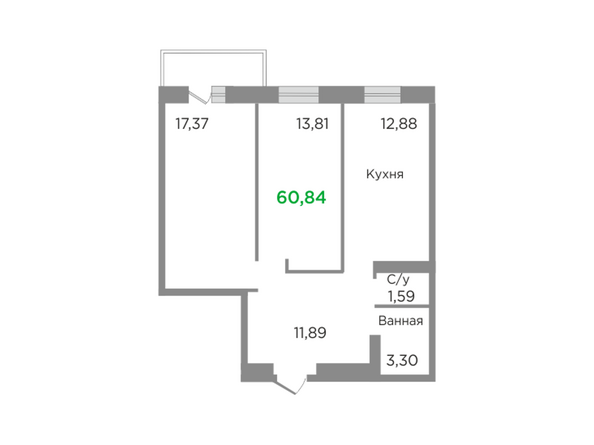 Планировка двухкомнатной квартиры 60,84 кв.м
