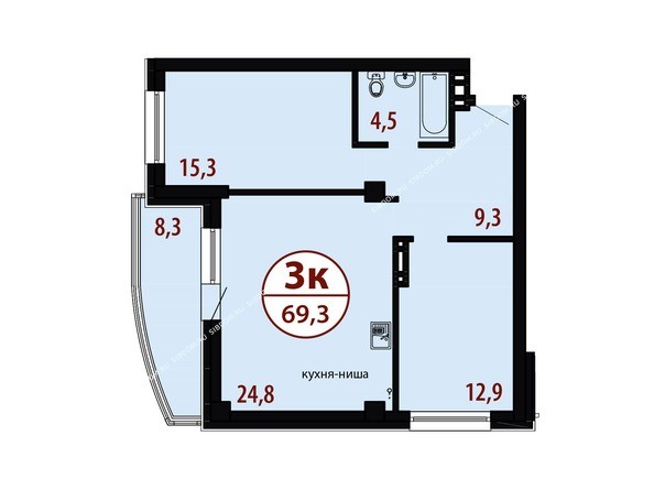 Секция №1. Планировка трехкомнатной квартиры 69,3 кв.м