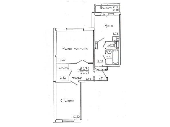 Планировка двухкомнатной квартиры 55,39 кв.м. (правая сторона)