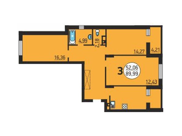 Планировка 3-комнатной квартиры 89,99 кв.м