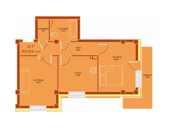 Планировка двухкомнатной квартиры 60,83 кв.м