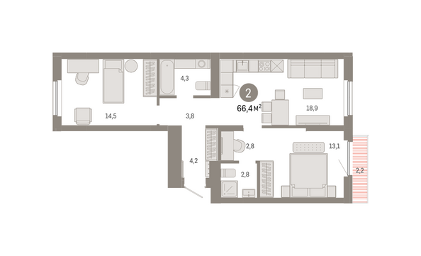 Планировка 2-комн 66,42 м²