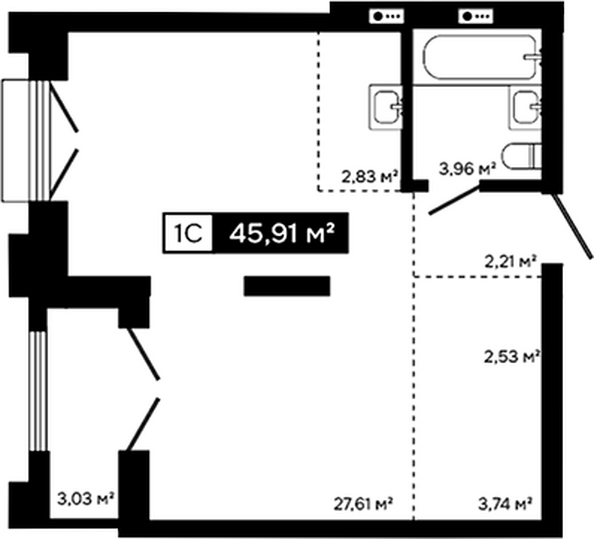 Планировка Студия 42,88 м²