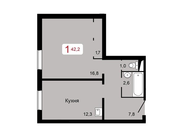 1-комнатная 42,2 кв.м