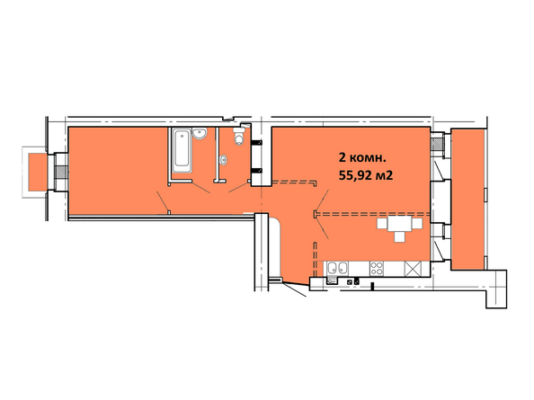 Типовая планировка 2-комнатной квартиры 55,92 кв.м