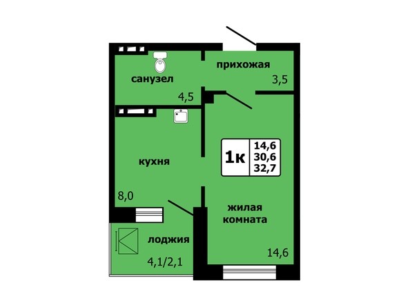 Планировка 1-комнатной квартиры 32,7 кв.м