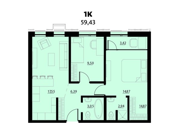 Планировка 1-комнатной 59,43 кв.м
