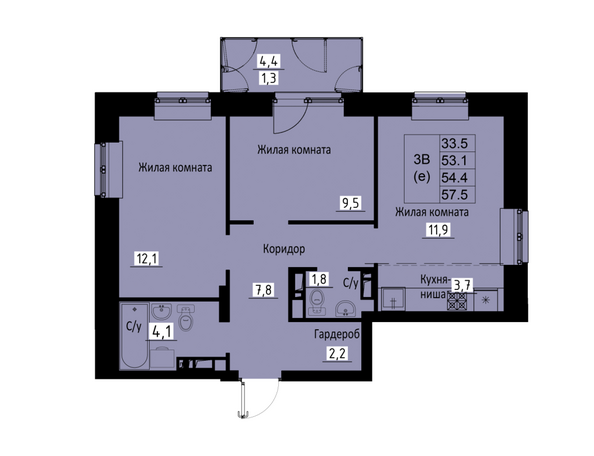 Планировка 3-комн 54,4 м²
