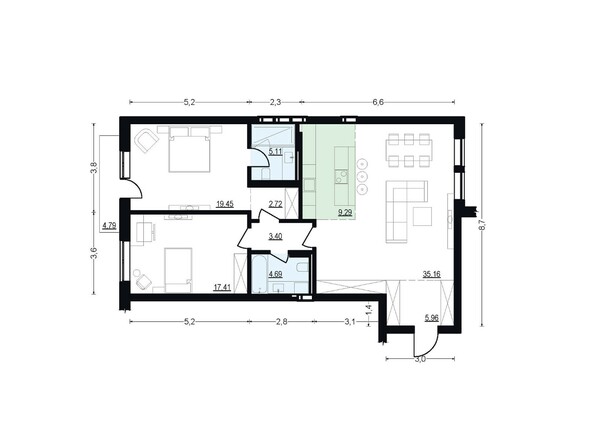 Планировка трехкомнатной квартиры 103,19 кв.м