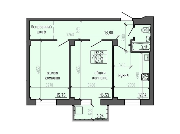 Планировка двухкомнатной квартиры 62,31 кв.м