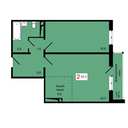 Планировка 2-комн 56,3 м²