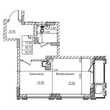 Планировка Студия 38,7 м²