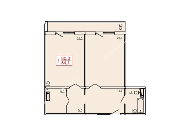 Планировка однокомнатной квартиры 84,1 кв.м. Этаж 1
