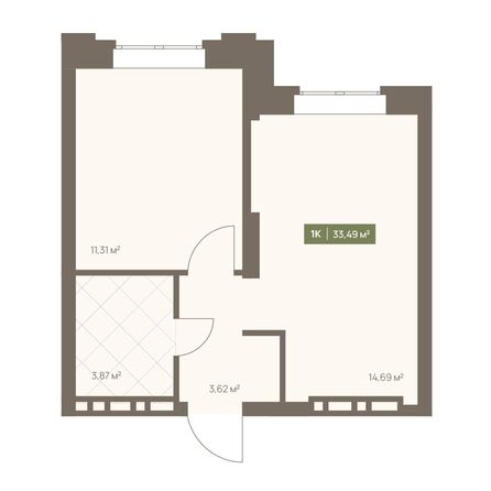 Планировка 1-комн 33,49, 34,79 м²