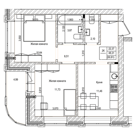 Планировка 2-комн 50,81 м²