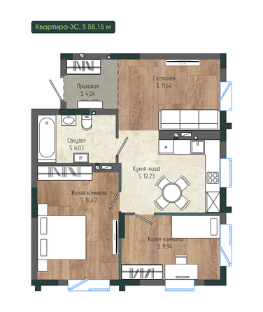 Планировка 3-комн 58,15 м²