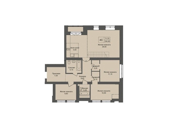 Планировка 4-комнатной квартиры 104,6 кв.м