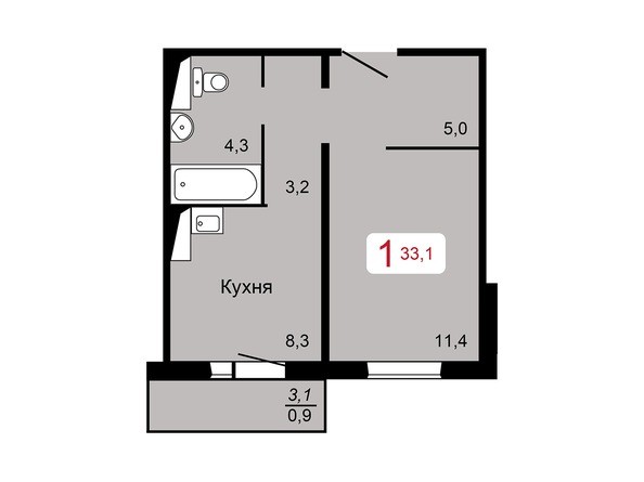 1-комнатная 33,1 кв.м