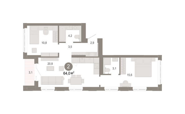 Планировка 2-комн 63,99 - 64,38 м²