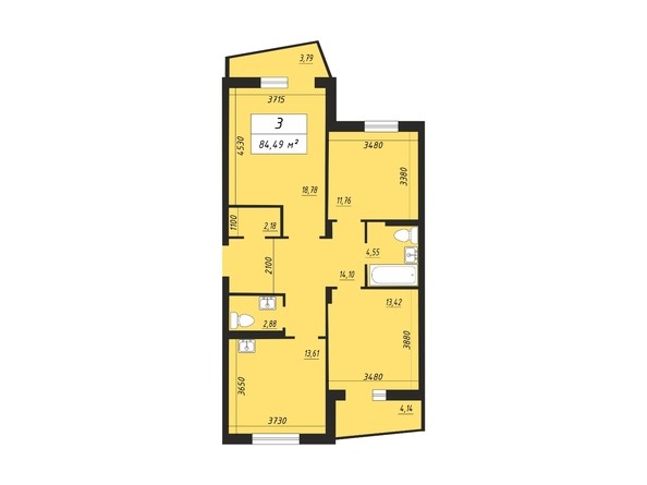 Планировка трехкомнатной квартиры 84,49 кв.м