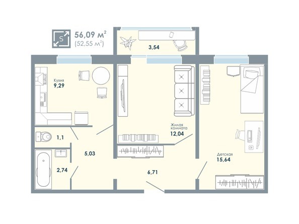 Планировка 2-комнатной квартиры 56,09 кв.м