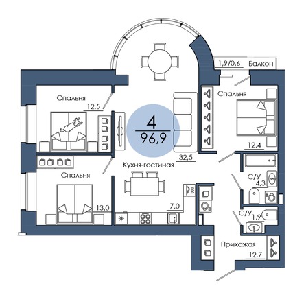 Планировка 4-комн 96,9 м²