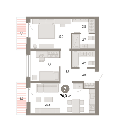 Планировка 2-комн 70,94 м²