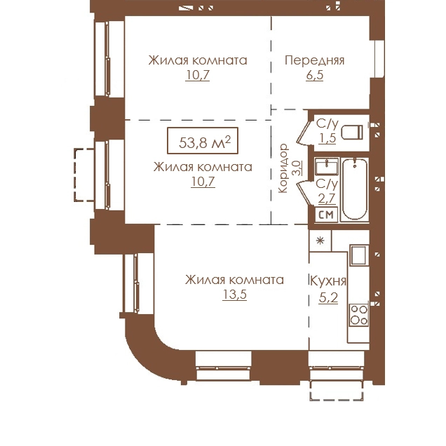 Планировка 3-комн 53,8 м²