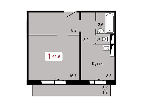 1-комнатная 41,9 кв.м