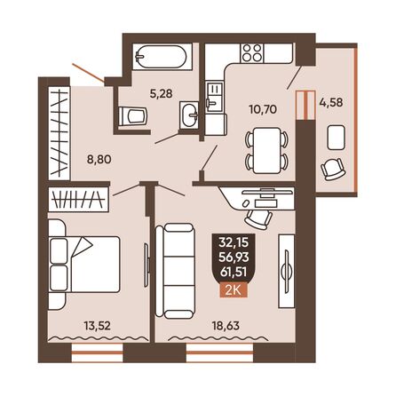 Планировка 2-комн 58,74 - 59,22 м²