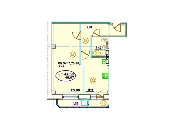 Планировка 1-комнатной квартиры 47,39 кв.м