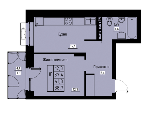 Планировка 1-комн 38,7 м²