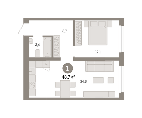 Планировка 1-комн 48,74 м²