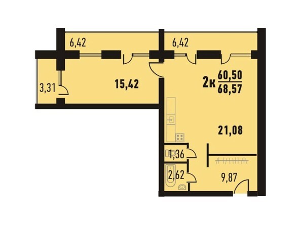 Планировка двухкомнатной квартиры 68,57 кв.м