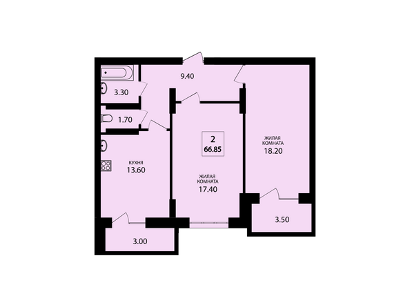 Планировка двухкомнатной квартиры 66,85 кв.м
