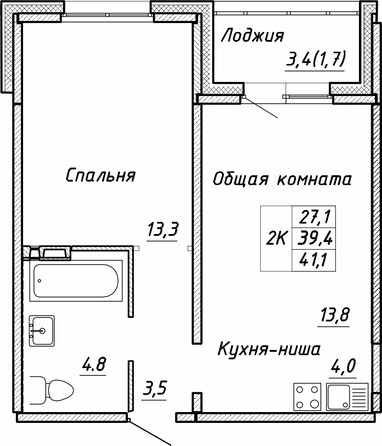 Планировка 2-комн 41,1 м²