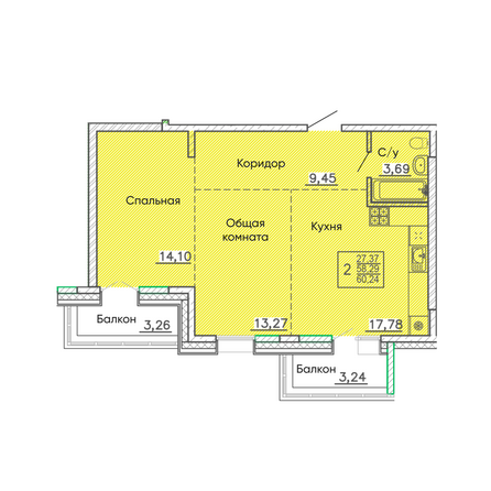 Планировка 2-комн 60,33, 60,49 м²