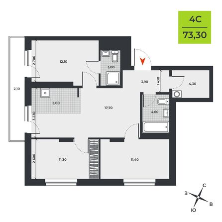 Планировка 4-комн 73,3 м²