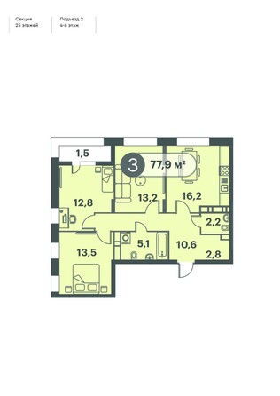 Планировка 3-комн 77,9 м²