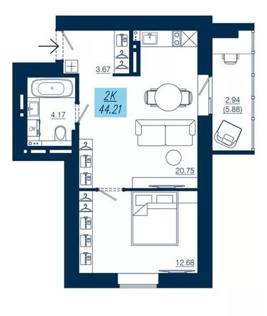 Планировка 2-комн 44,21 м²