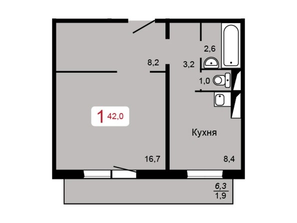 1-комнатная 42 кв.м