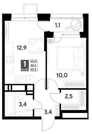 Планировка 1-комн 33,3, 34,2 м²