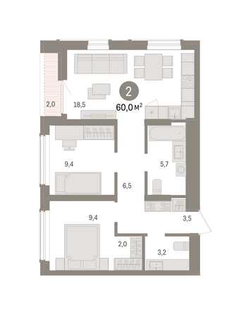 Планировка 2-комн 60,03 - 60,06 м²