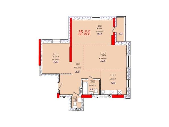 Планировка трехкомнатной квартиры 83,93 кв.м.