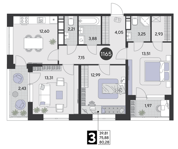 Планировка 3-комн 80,28 м²