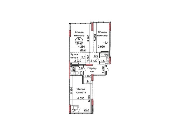Планировка трёхкомнатной квартиры 87,2 кв.м