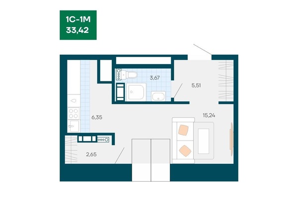 Планировка Студия 33,42 м²