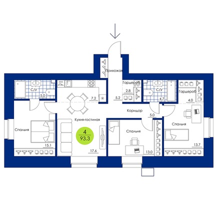 Планировка 4-комн 93,3 м²